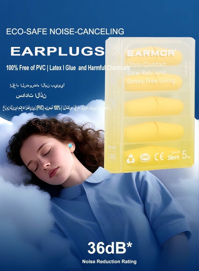EARMOR E01 Yellow Sleep Earplugs, Exclusive design patented products, S or M Single Size Pack (5 Pairs), 36dB SNR ,59dB NRR, 60s Slow Rebound, Side Sleeper Comfort, Latex & PVC Free, Low Odor Comfortable Sleeping Earplugs Foam Noise Reduction Hearing Protection Ear Plugs,Six Color to Chose,Unisex - Image 2